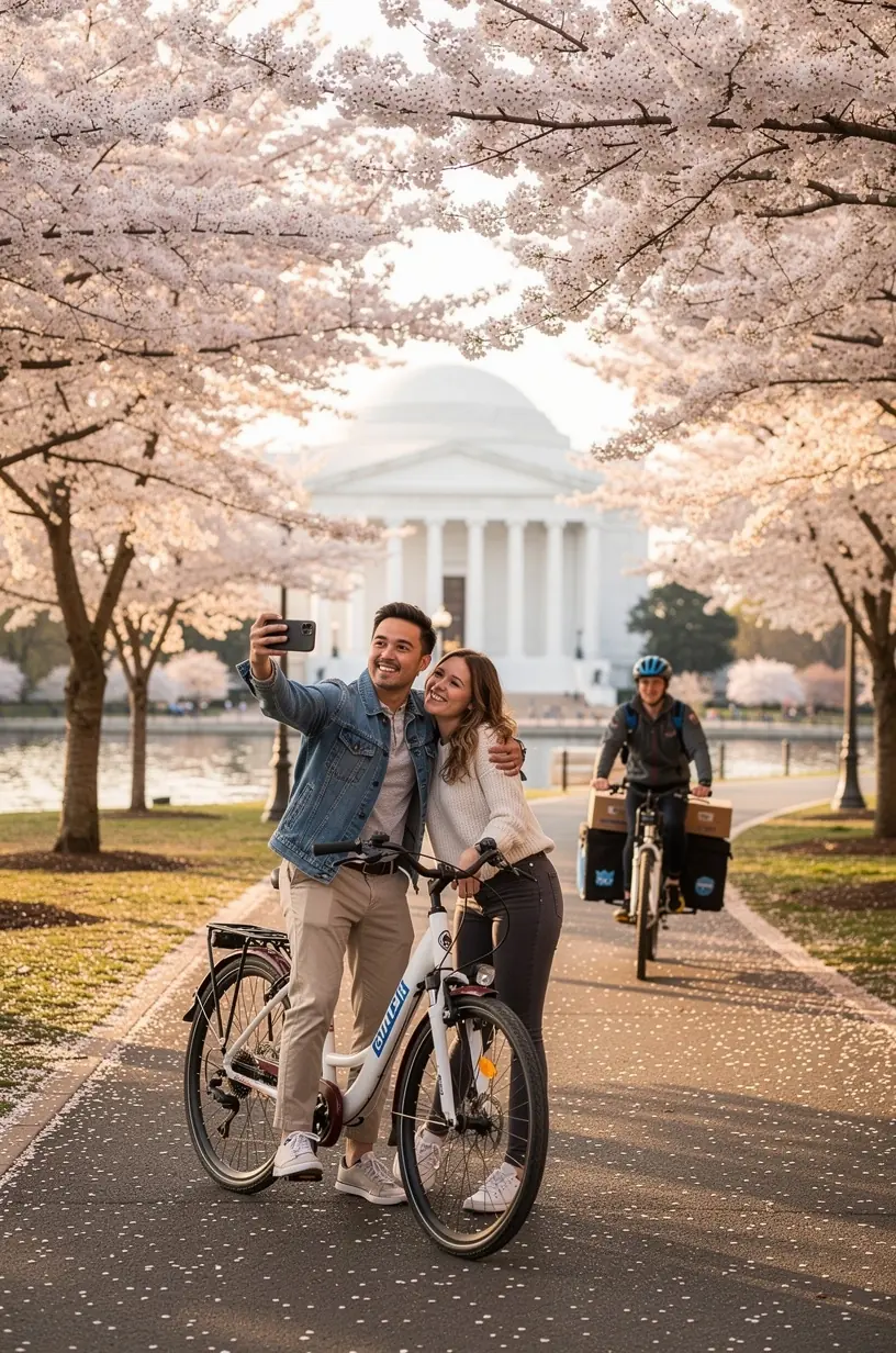 Турист с мобильным телефоном отслеживает статус доставки своего багажа через приложение сервиса.